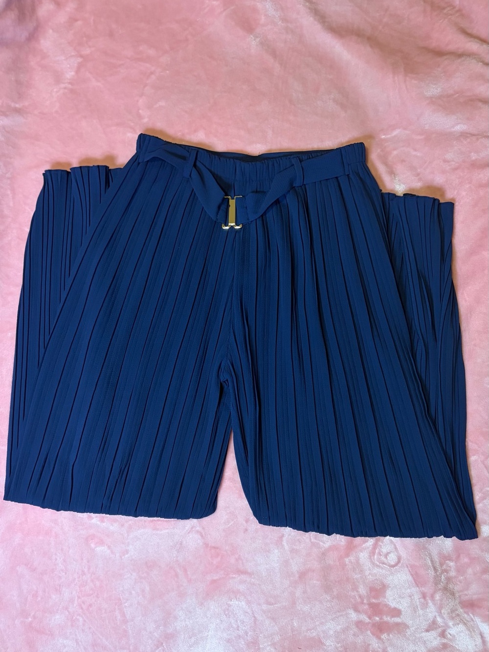 Navy Pleated women’s Dress Pants with Waist Buckle